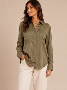 Chelsea Flower Silk Button Up Top Green Size Small